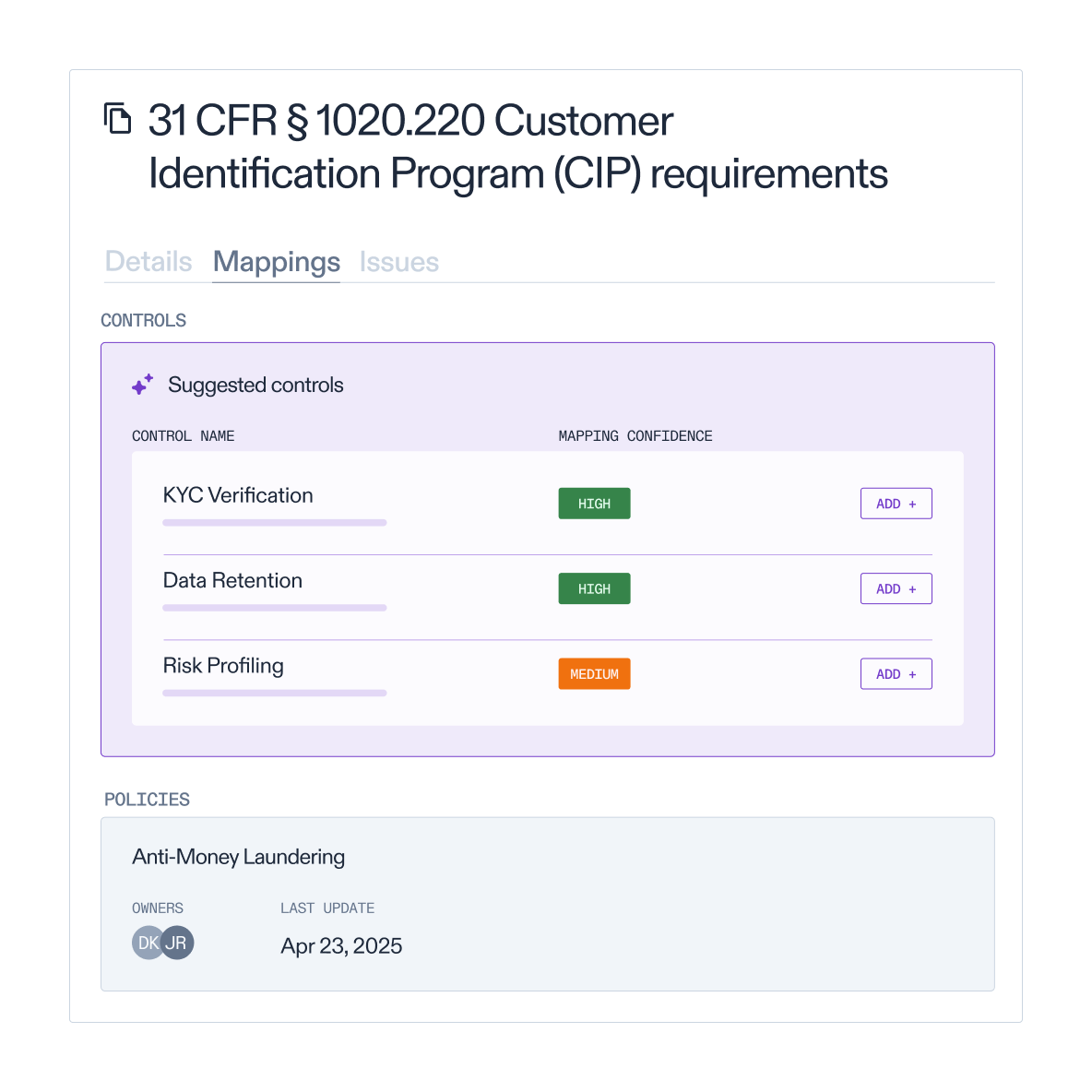 Customer identification program requirements with AuditBoard AI suggested controls and policies